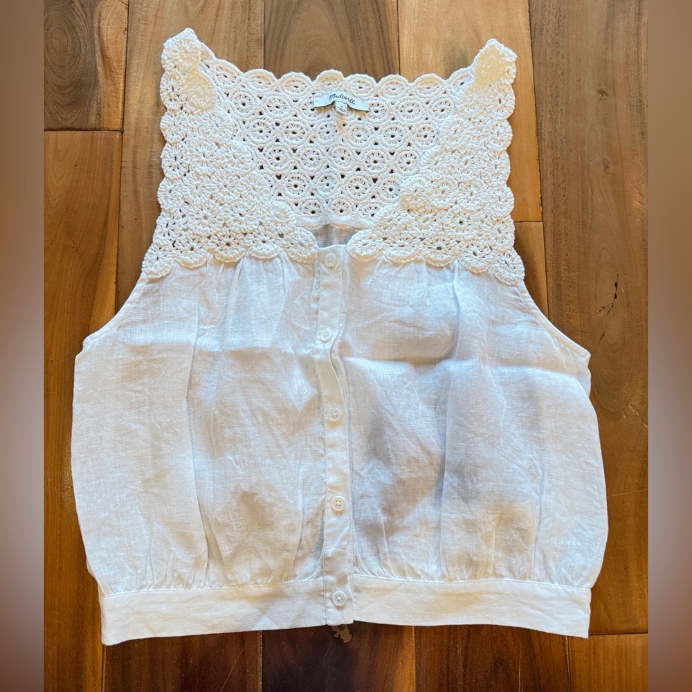 Madewell White Linen Crochet Yoke Button-Front Camisole